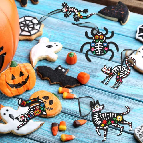 Vista 5 de CCINEE 24Pcs Dia De Los Muertos Felt Ornaments, Mexcian Skeleton Halloween Ornaments for Day of The Dead Themed Party School Bags Indoor Outoor Tree