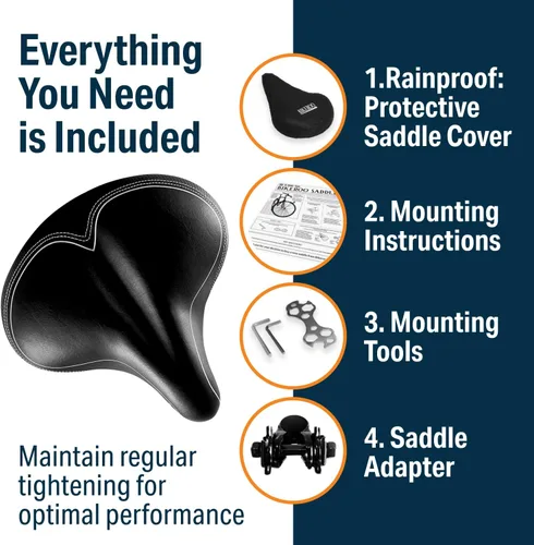Vista 4 de Bikeroo Wide Cruiser Saddle - Comfort Seat Fits Indoor & Outdoor Bicycles - Steel Spring & Elastomer Suspension - Memory Foam