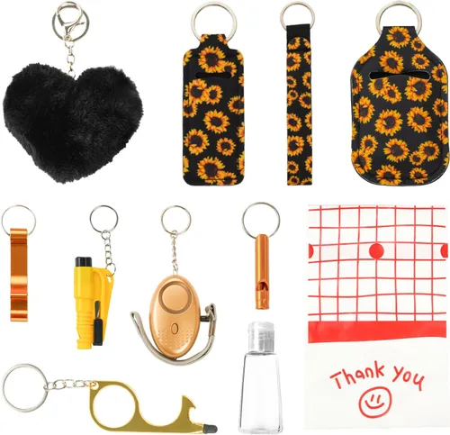 Vista 2 de Juego de 10 llaveros de accesorios para mujer con alarma de seguridad, silbato y llavero de pulsera
