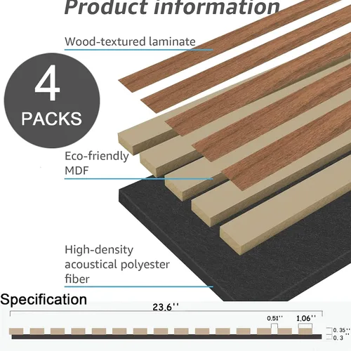 Vista 4 de 4 piezas de paneles acústicos de listones de madera, panel de pared de madera acanalada 3D absorbente de sonido para pared y techo, paneles Nogal