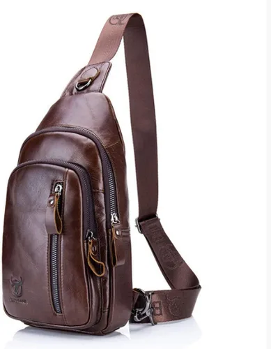 Vista 4 de Mochila estilo bandolera de piel para hombres y mujeres, bandolera de hombro, al pecho, mochila de uso diario para viajes, al aire libre