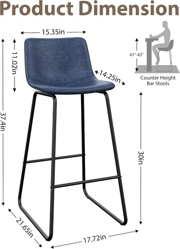 Vista 2 de Juego de 3 taburetes de bar de 30 pulgadas de altura de mostrador con respaldo, taburetes de bar modernos de piel sintética con patas de metal y Azul