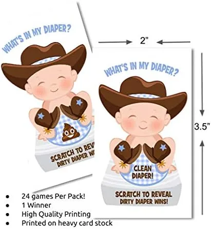 Vista 5 de What In My Diaper Scratch Off Game Cowboy 24 cartas - 1 ganador Juegos de baby shower Decoraciones Fiesta de pañales