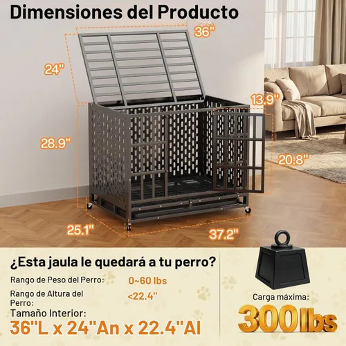 Vista 2 de HIWOKK Jaula para perros indestructible de alta resistencia de 38 pulgadas, a prueba de mordidas, doble puerta a prueba de escapes, jaula grande
