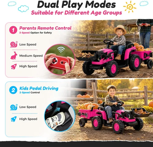Vista 8 de Tractor de paseo 4 en 1 de 24 V con cargador frontal desmontable Rosa Blaze