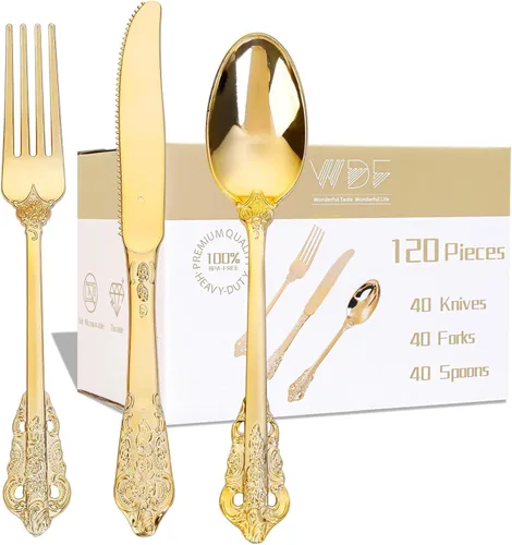 Vista 16 de WDF 100 cucharas de plástico plateadas desechables, cubiertos de plata barrocos de 6.93 pulgadas para pastel de postre, cucharas de plástico