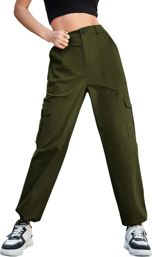 Vista 4 de Ailsi Pantalones tácticos de cintura alta para mujer, estilo casual, estilo cargo, holgados, con bolsillos
