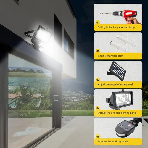Vista 6 de Robust Solar 80 luces LED de movimiento solares para el exterior, hora ajustable digitalmente y LUX, 2 sensores de movimiento ajustables con ejes