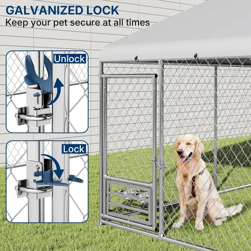 Vista 11 de Yafylly Perrera para perros XL de 10 x 10 pies – Perrera exterior con techo, perreras cubiertas con puerta de alimentación, recinto para perros al