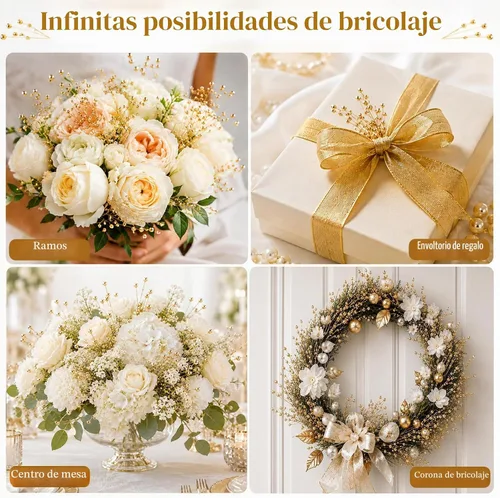 Vista 5 de 50 piezas de varillas con perlas de 4 mm en cadena para ramos de boda con cuentas para decoraciones de mesa de boda (dorado)