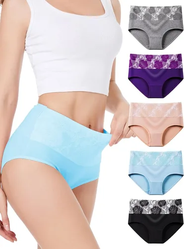 Vista 13 de HAVVIS Bragas Ropa Interior de Mujer de Algodón Cintura Alta Control Abdominal Panties Rosa Jacquard para Damas Multipack Calzoncillos 01 - Paquete