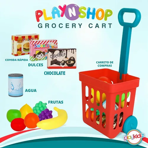 Vista 4 de Playkidz Juego de carrito de compras de juguete, juguetes de plástico para alimentos, juego interactivo, recursos de aprendizaje y diversión