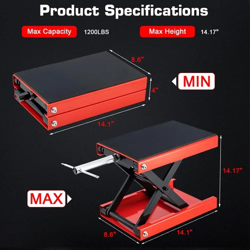 Vista 4 de Gato de motocicleta de 1200 libras, soporte de elevación de motocicleta para motocross, ATV, gato de tijera con manivela y barra disyuntora (rojo)
