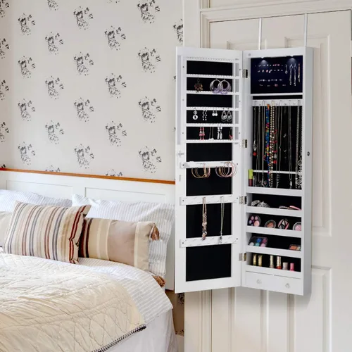 Vista 2 de GOFLAME Armario de joyería montado en la puerta, espejo de longitud completa sin marco de 47.5 pulgadas con almacenamiento y luces LED, organizador