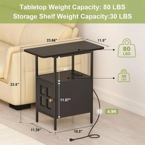 Vista 2 de Mesa Auxiliar Estrecha Estilo Granja con Estación de Carga - Mesa Lateral de 3 Niveles con USB y Enchufes, Mesa de Noche Compacta de Almacenamiento