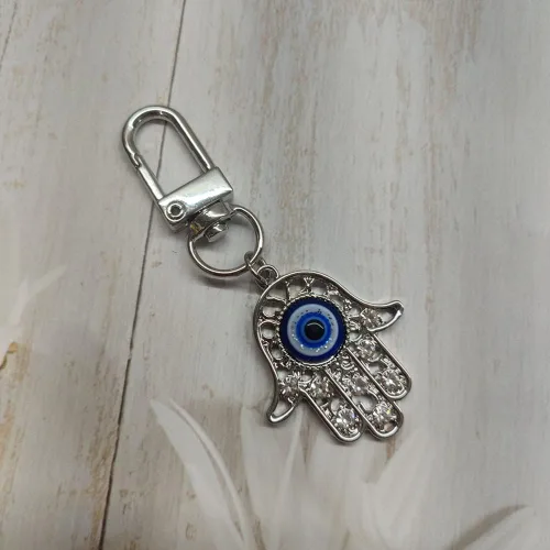 Vista 6 de Llavero Hamsa de cristal de ojo malvado, dije de diamantes de imitación, llavero de mano de Fátima para bolso y monedero con clip, adorno