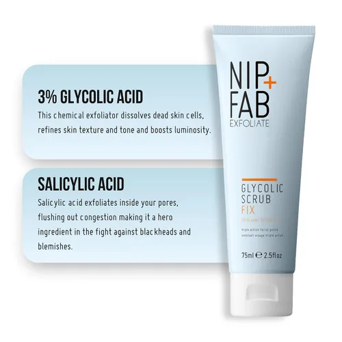 Vista 4 de Nip + Fab Glycolic Acid Fix Face Scrub con ácido salicílico, AHA/BHA, limpiador facial exfoliante para refinar poros y aclarar la piel, 2.5 fl oz