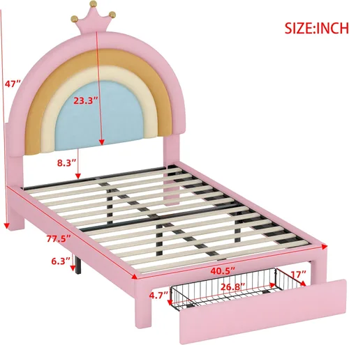 Vista 2 de Cama tapizada con diseño de arcoíris, cama de plataforma de princesa de terciopelo con cajón de almacenamiento, para niños, adolescentes, niños