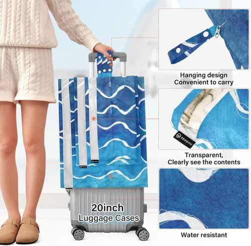 Vista 2 de Blue Wave Stripes - Juego de 3 cubos de embalaje de viaje para maletas, plegables, bolsa de ropa, almacenamiento de armario, ahorro de espacio