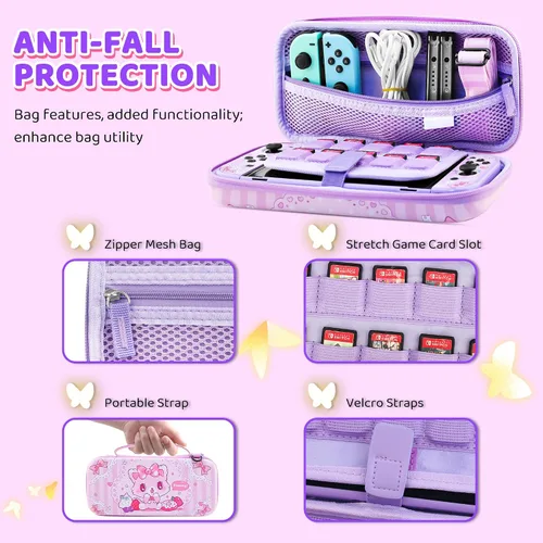 Vista 2 de HYPERCASE Cute Cat Switch Case Kit for NS Accessories Storage, with Portable Travel Carrying Bag Pouch, Soft Switch Protective Skin Cover, HD Screen
