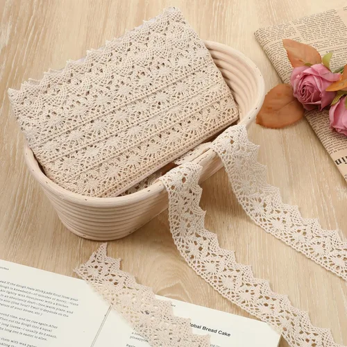 Vista 4 de Cinta de encaje beige vintage con ribete de encaje de ganchillo de 10 yardas, cinta de coser para manualidades, paquete de regalo, envoltura