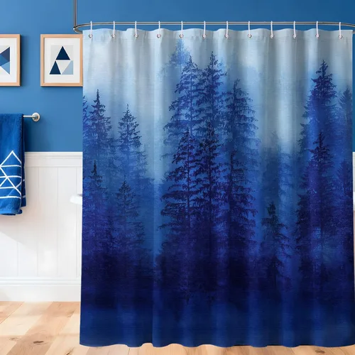 Vista 11 de Cortina de ducha estrecha para hombre, diseño de bosque negro y gris, para casa rodante, juego de decoración de baño, tela impermeable con ganchos