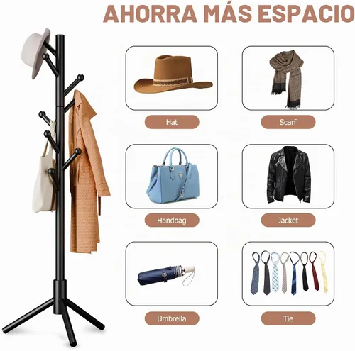 Vista 8 de Perchero de abrigos, Perchero de pie independiente con 8 ganchos, 3 alturas ajustables para ropa, sombreros, bolsos, árbol de abrigos de fácil Negro
