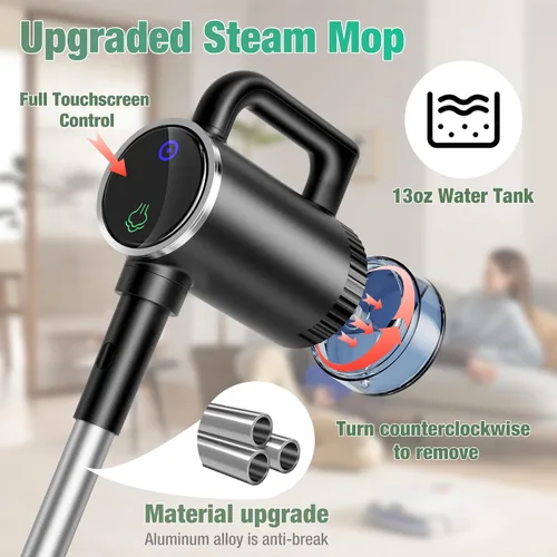 Vista 3 de Limpiador de vapor de 11 en 1 - Limpiador de vapor de mano desmontable con tanque de 380mL, vaporizador de piso de 260℉ para madera dura, baldosa