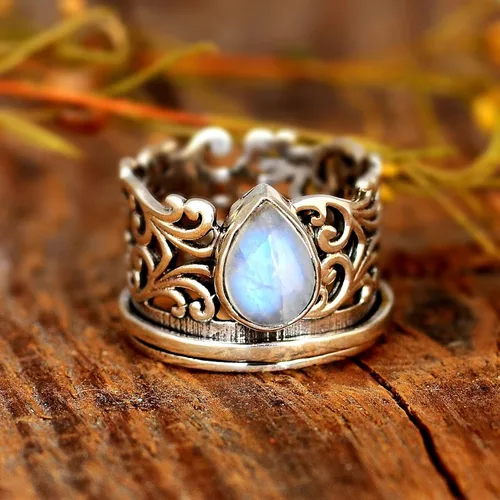 Vista 4 de Boho-Magic Anillo giratorio de piedra lunar para mujer, plata de ley 925