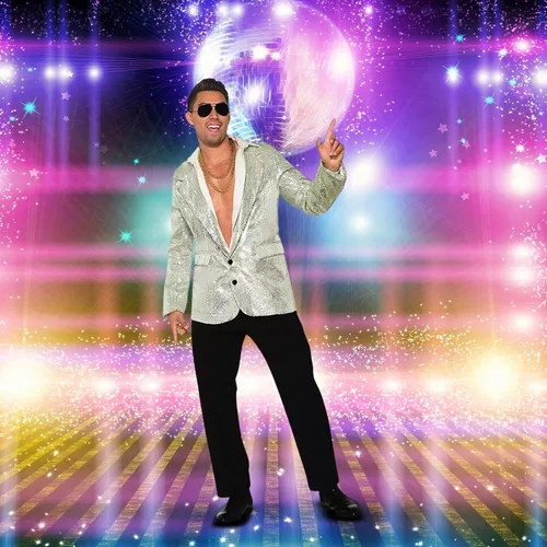 Vista 3 de Forum Novelties Blazer de lentejuelas disco para hombre, color plateado con bolsillos