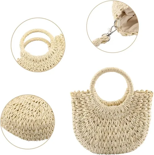 Vista 4 de CHIC DIARY Bolso pequeño de paja de playa de verano para mujer, bolso cruzado con asa superior, bolso de hombro mini bolso de mano de ratán tejido a