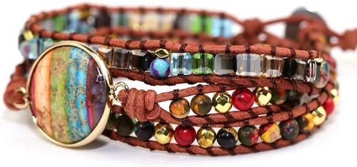 Vista 2 de ZOSOJONA Pulsera envolvente para mujer, estilo bohemio, con cuentas de piedra de cristal de jaspe natural
