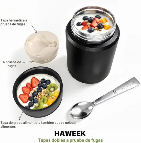 Vista 4 de Tarro de comida aislado de 16oz con cuchara, acero inoxidable, negro 16oz-Negro