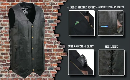 Vista 2 de EVENT LEATHER EL5391TALL - Chaleco de cuero negro para hombre, tallas altas con 10 bolsillos, chalecos de motocicleta para adultos