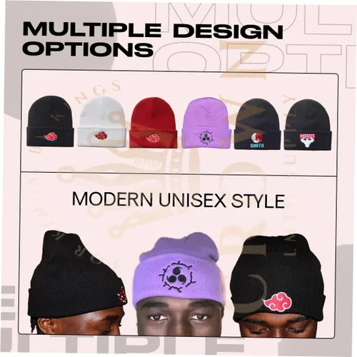 Vista 6 de Gorro de invierno de anime para hombres y mujeres, gorro de punto con puños, cómodo y suave, bordado de anime Negro
