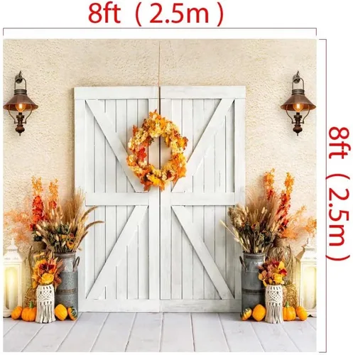 Vista 3 de Kate Telón de fondo de fotografía de otoño de 8 x 8 pies, telón de fondo de calabazas de otoño, estilo bohemio, puerta de granero blanca, retrato