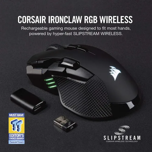 Vista 2 de Corsair Ironclaw Wireless RGB - Mouse para juegos FPS y MOBA - Sensor óptico de 18,000 DPI - Sub-1 ms SLIPSTREAM inalámbrico