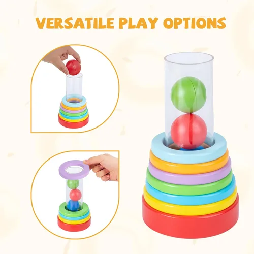 Vista 4 de Montessori - Anillos y bolas interactivas apilables para bebés de 6 a 12 meses, tubo transparente divertido