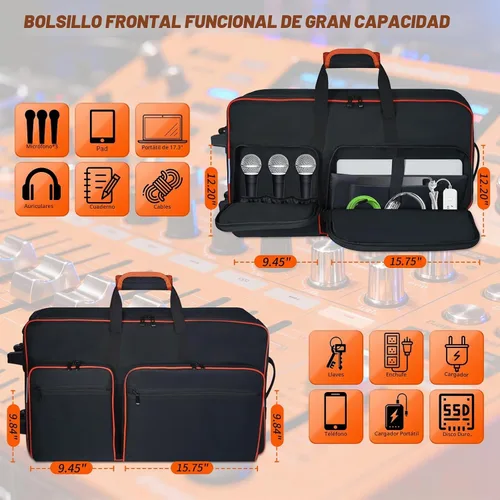 Vista 5 de Funda para controlador de DJ con ruedas para DDJ FLX10 Mochila acolchada con múltiples bolsillos, compartimento para portátiles, impermeable