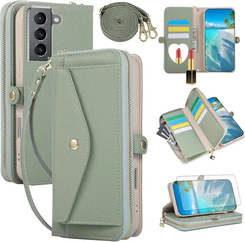 Vista 16 de Asuwish Funda de teléfono para Samsung Galaxy S23 5G con cremallera, funda para celular con protector de pantalla, correa para el hombro, espejo