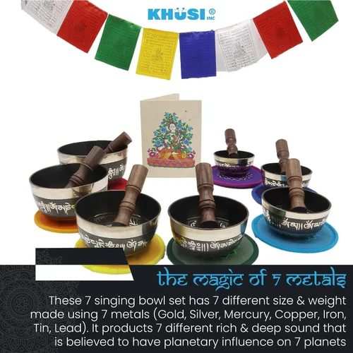Vista 7 de KHUSI - Juego de 7 cuencos tibetanos, Thadobati, hechos a mano, con mantra grabado para yoga, curación de chakras, relajación, alivio del estrés