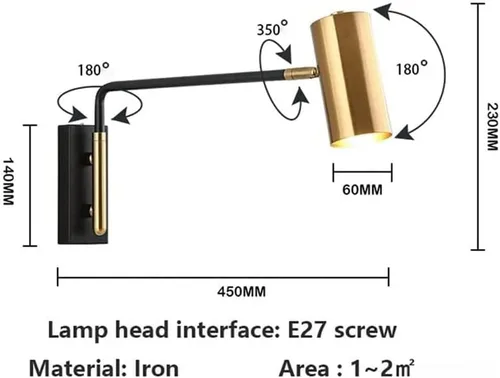 Vista 4 de Lámpara de pared con brazo oscilante ajustable, lámpara de pared LED postmoderna retro industrial para decoración interior para dormitorio, pasillo