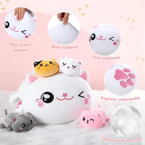 Vista 2 de Libima 5 piezas de animales de peluche de gato de Navidad con bebés dentro del vientre, 1 gato de peluche mamá con 4 gatitos juguetes de peluche