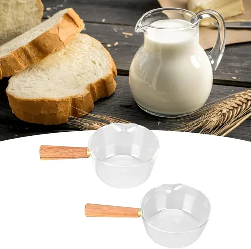 Vista 4 de Sartén para leche, olla de leche de vidrio con mango de madera antiadherente, con boquilla en forma de V, cacerola para cocinar, accesorios