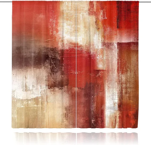 Vista 3 de MESHELLY Cortinas Rojas Abstractas 42Wx63H Pulgadas Bolsillo para Varilla Bloques Rústicos Borgoña Marrón Pintura al Óleo Casa de Campo Dormitorio