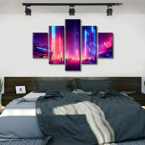 Vista 256 de Cuadros de 5 paneles de Cyberpunk City, arte de pared, representación de vallas publicitarias, edificios modernos en la capital con obras de arte