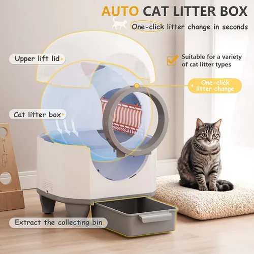 Vista 6 de WARCAT - Caja de arena autolimpiante automática, 90 L, caja de arena automática para gatos para múltiples gatos, controlada por aplicación con Gris