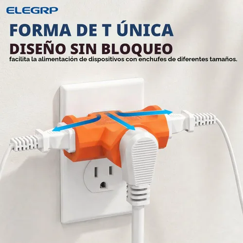 Vista 4 de ELEGRP Extensor de Energía de Servicio Pesado de 3 Clavijas a Triple Toma en Dirección T, Extensor de Toma de Pared Multidireccional con Conexión a