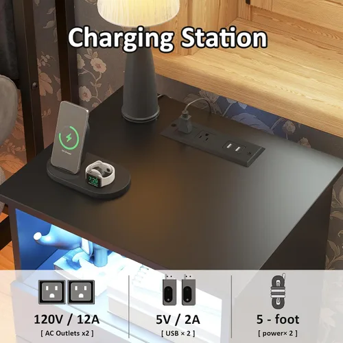 Vista 6 de Juego de 2 mesitas de noche negras con estación de carga, luces LED, mesa auxiliar con 3 cajones, mesa auxiliar moderna con tiras USB