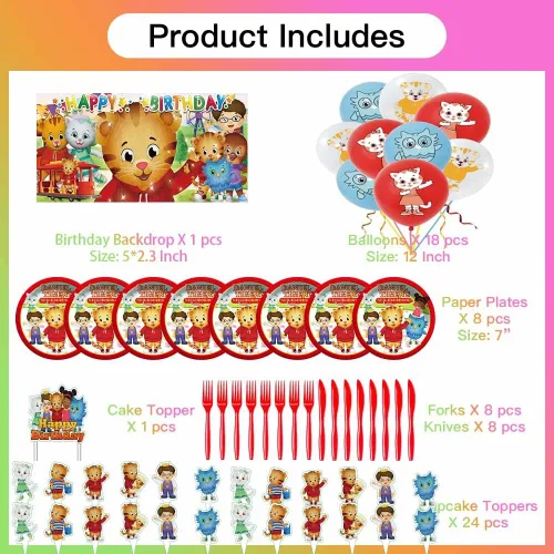 Vista 4 de Daniel Tiger suministros para fiesta de cumpleaños de tigre platos de decoración de cumpleaños globos pancarta cubiertos de plástico cuchillos